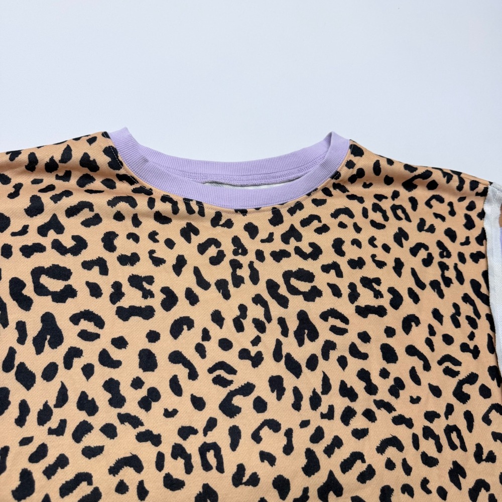 Mixed Media Leopard Striped Sweatshirt Lavender Tan XL Balloon Sleeve Split Hem - Picture 4 of 6